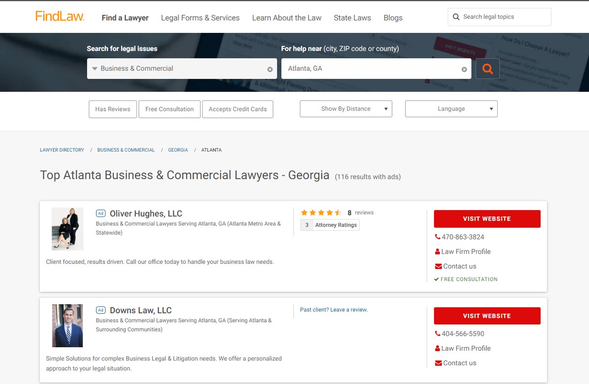 Advertisements on a legal business directory