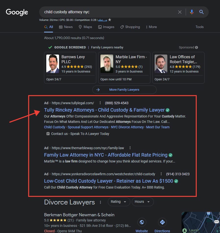 Pay-per-click legal advertising on Google search