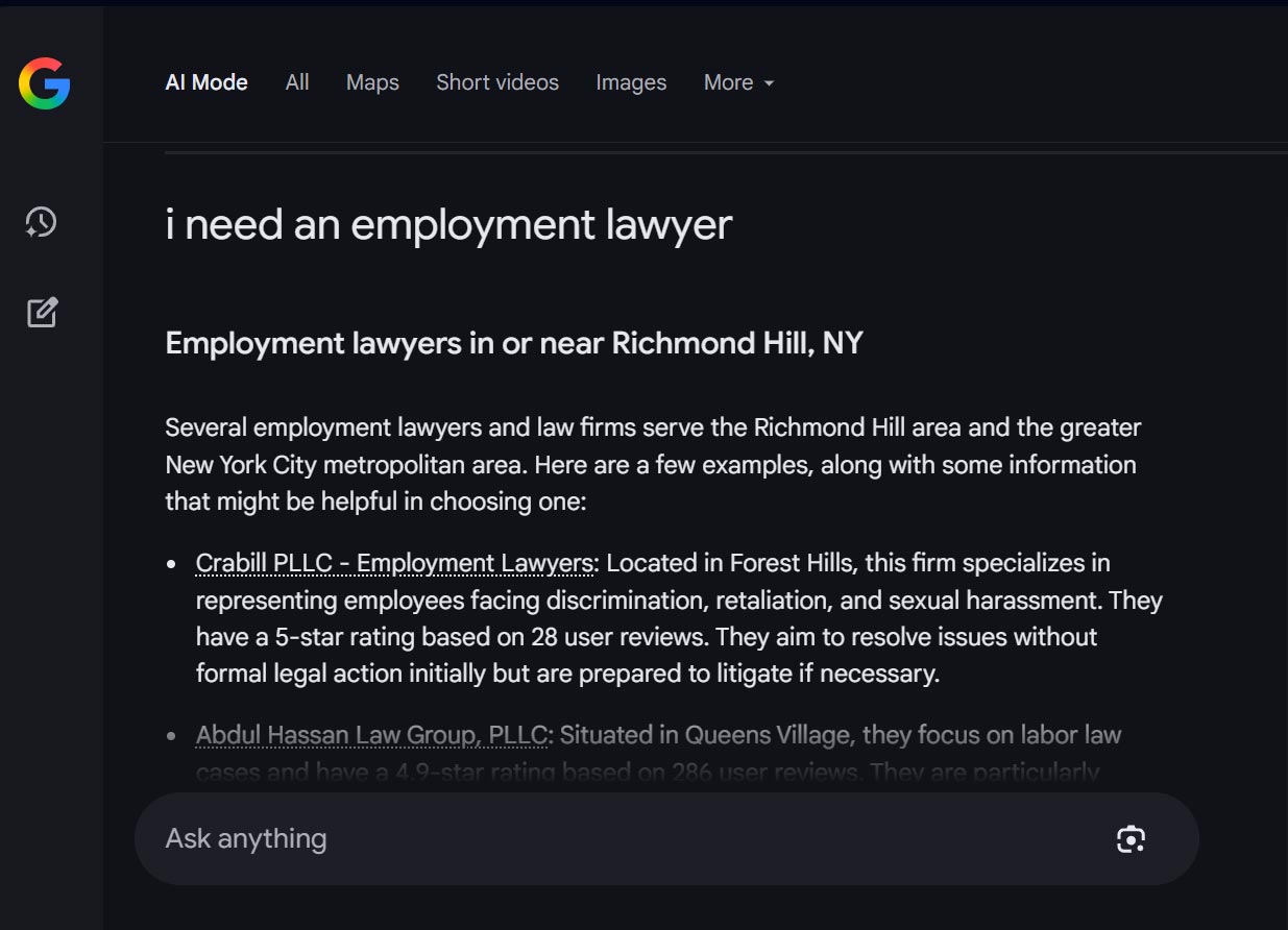 Search results for lawyers in Google's AI mode showing a limited list of recommendations.