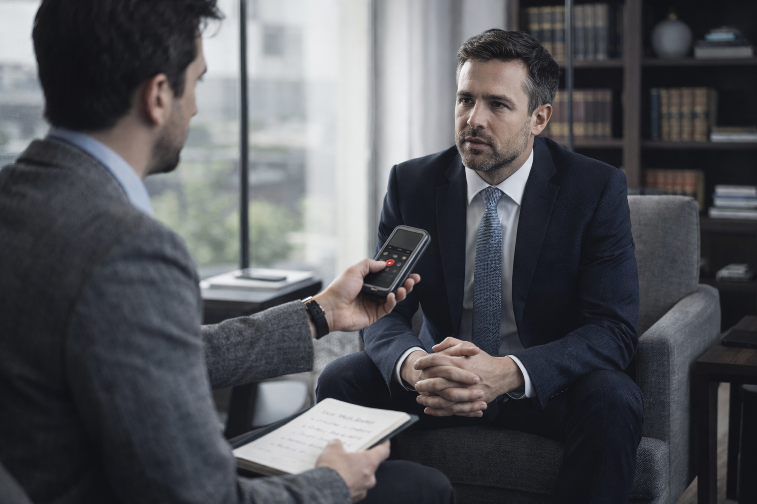 Illustrative image of a lawyer being interviewed by a journalist