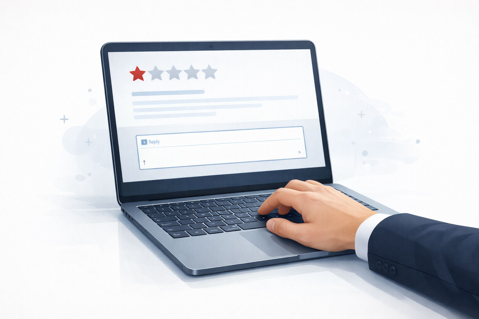 Illustration showing a lawyer typing a response to a negative review