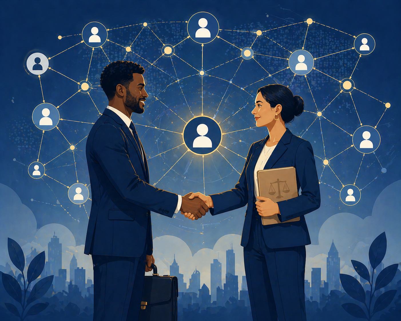 A conceptual illustration of two professional figures, one clearly a lawyer, shaking hands and making a connection