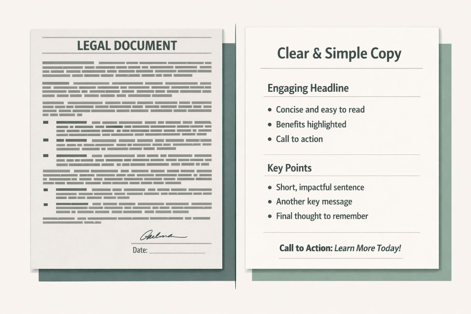 Illustrative image showing the difference between hard to parse legalese and easy to understand legal writing.