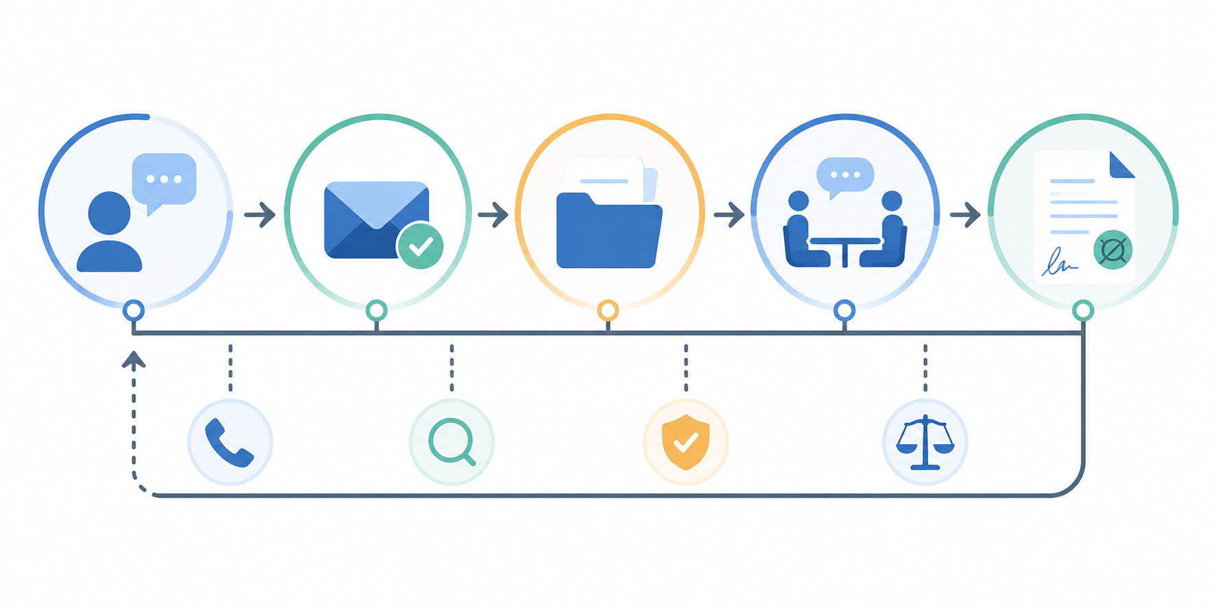 Illustration of a law firm intake workflow flowchart showing the steps from first contact to retained client