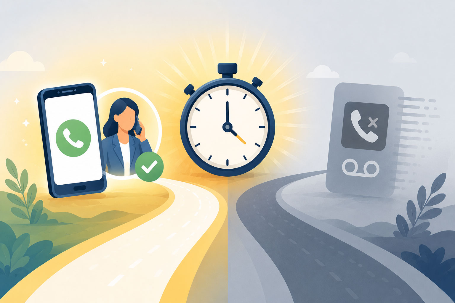 Illustration showing two paths from a clock, one representing immediate response and one representing a missed call, highlighting the impact of response time on law firm lead conversion