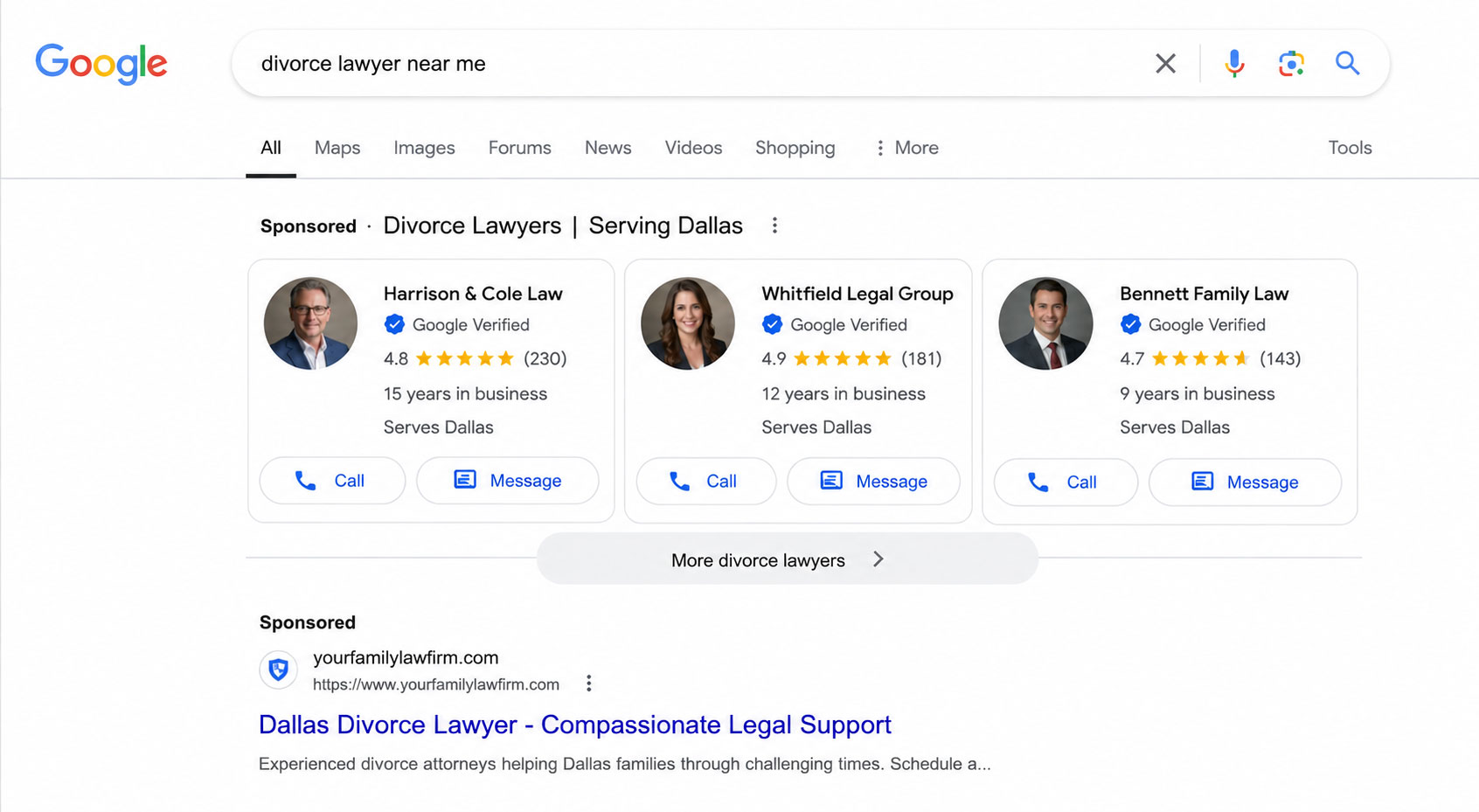 Mockup of Google Local Services Ads showing three law firm listings with Google Verified badges, star ratings, and call buttons at the top of a search results page