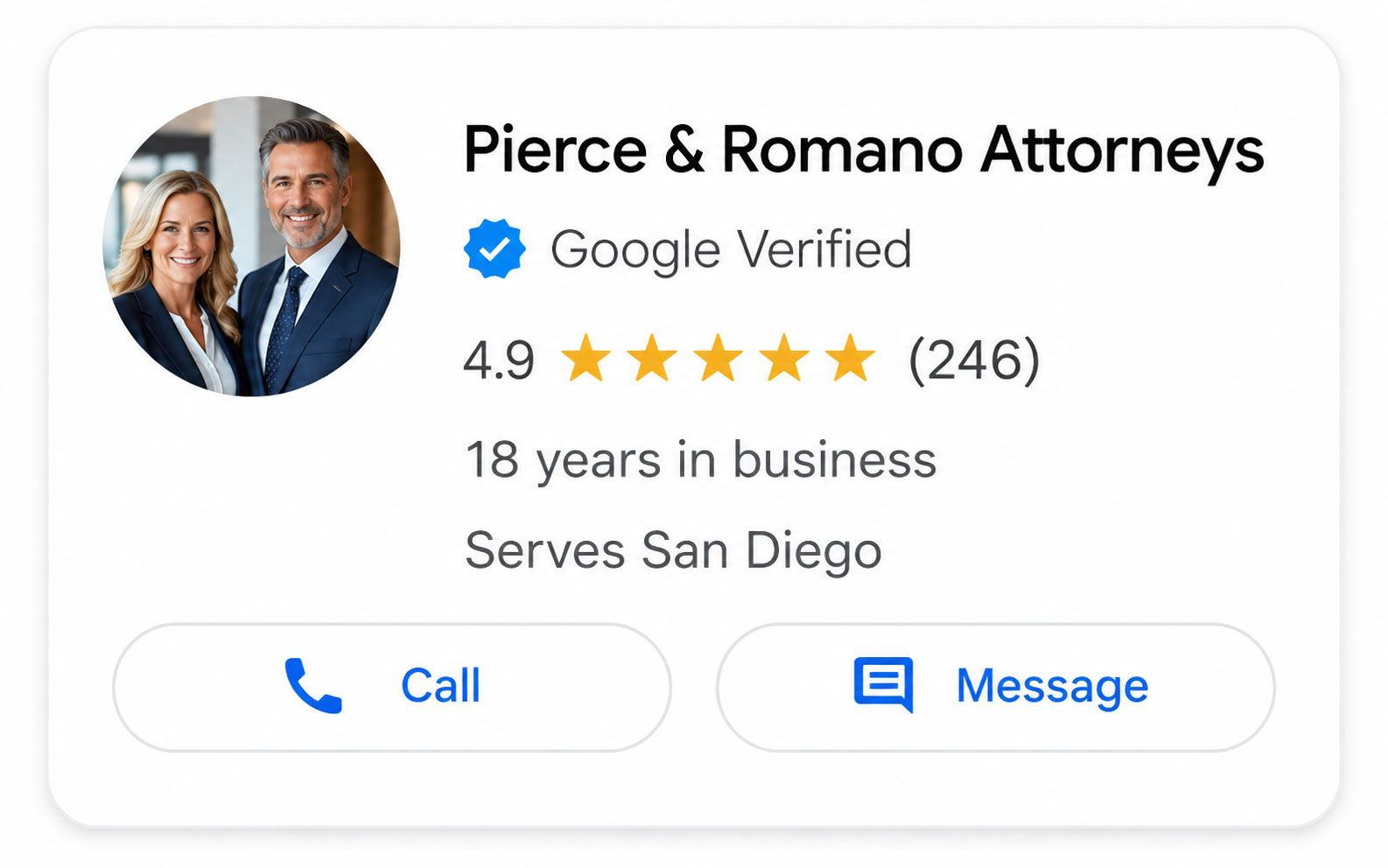 Close-up of the Google Verified badge displayed on a law firm's Local Services Ads listing