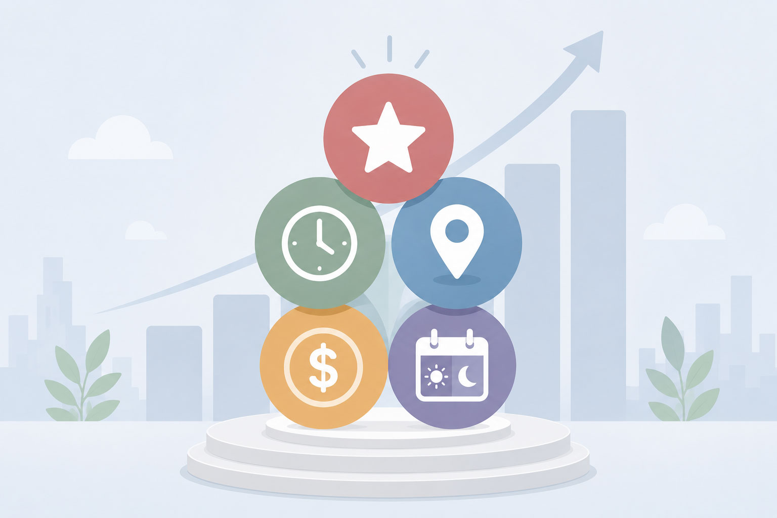 Illustration of icons representing reviews, response time, location, bid, and business hours balanced together to represent LSA ranking factors