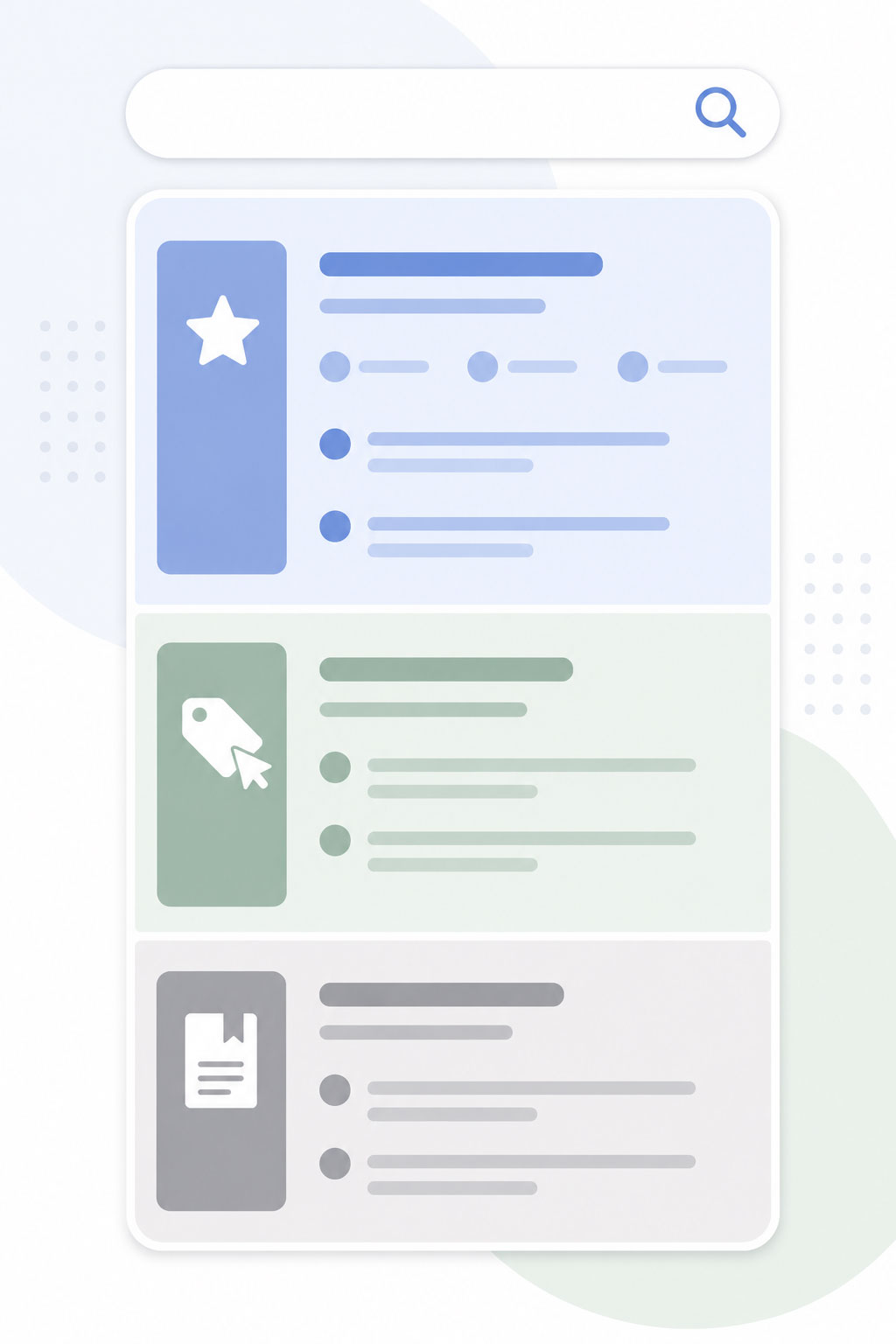 Illustration of three stacked sections of a search results page representing Local Services Ads, Google Ads, and legal directory listings