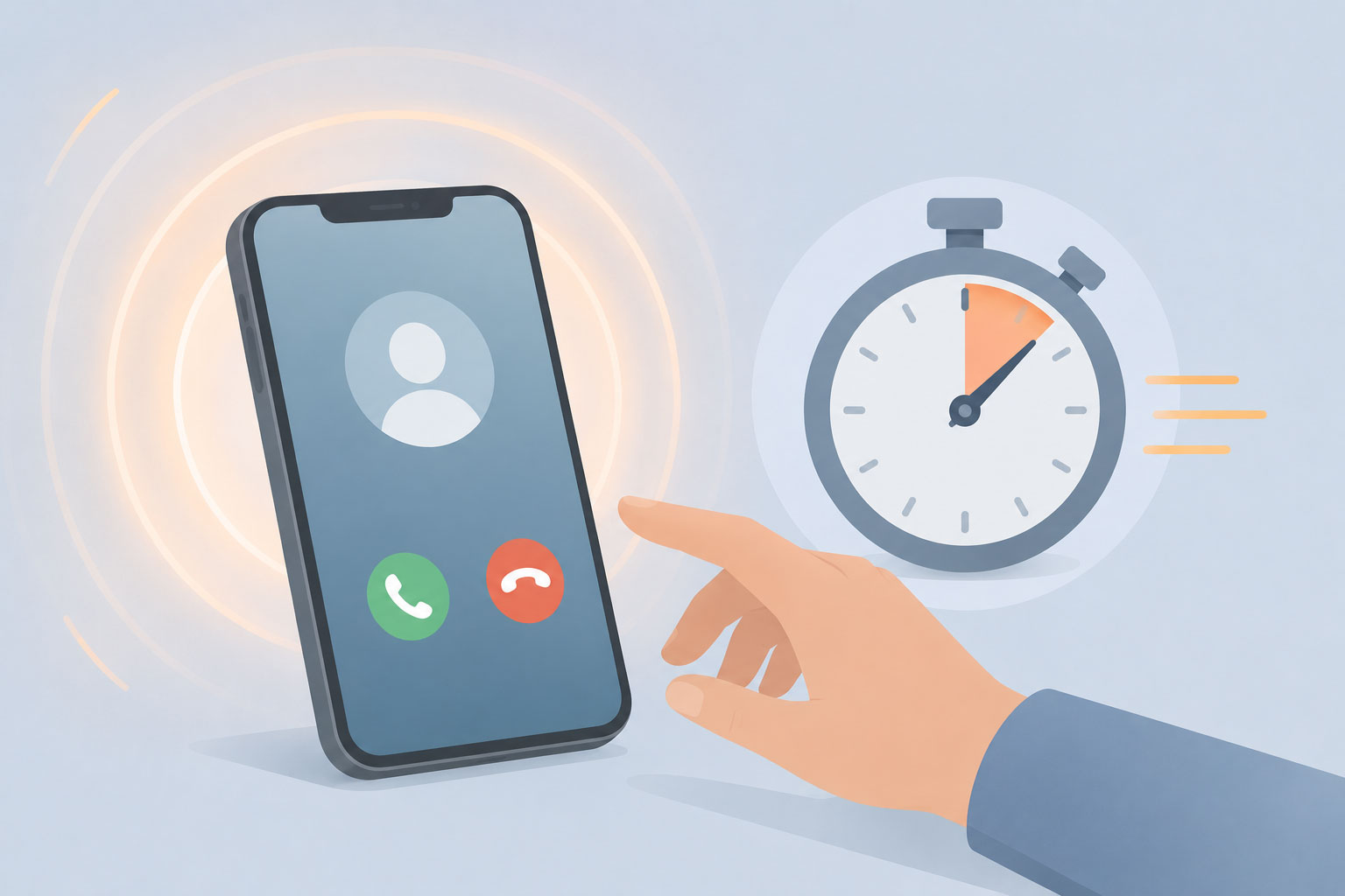 Illustration of a smartphone receiving a call notification next to a stopwatch showing only a few minutes elapsed